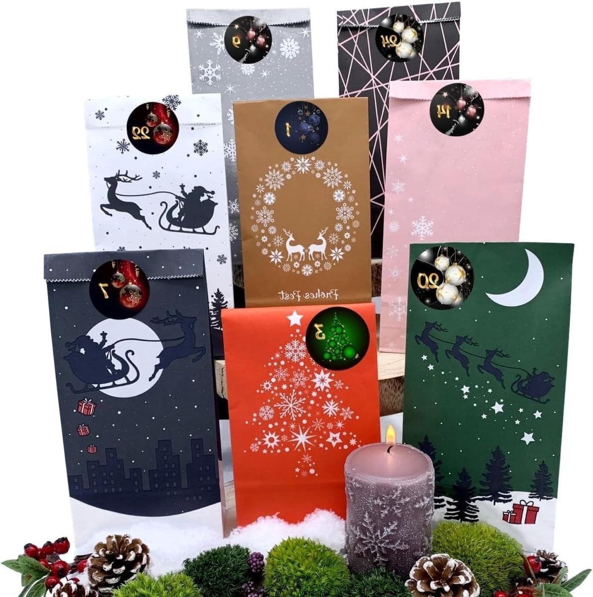 Adventskalender Knutselset met 24 papieren zakjes, stickers en nummers in roze en zwart