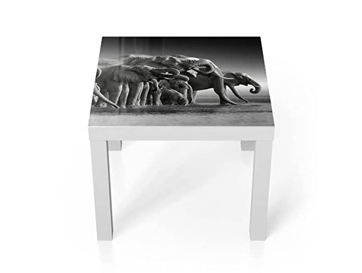 DEQORI Glastisch weiß klein 55x55 cm Motiv Elefantenherde am Wasser ausgefallener Beistelltisch aus Glas Hochglanz Couchtisch fürs Wohnzimmer moderner Couch Tisch mit Design