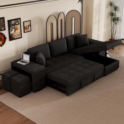 Loedds 104.5-inch 3-Seat Reversible L-Shaped Modern Chenille Sleeper Sectional Sofa with Pull-Out Bed and Convertible Design
