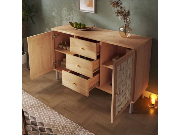 Buffet bas – 120x40x75 cm – 2 portes 3 tiroirs chêne pieds métal