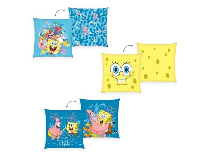 Herding Dekokissen 3er-Set, Spongebob Schwammkopf, 40 x 40 cm, Zum Kuscheln und als Dekoration, Polyester, Mehrfarbig