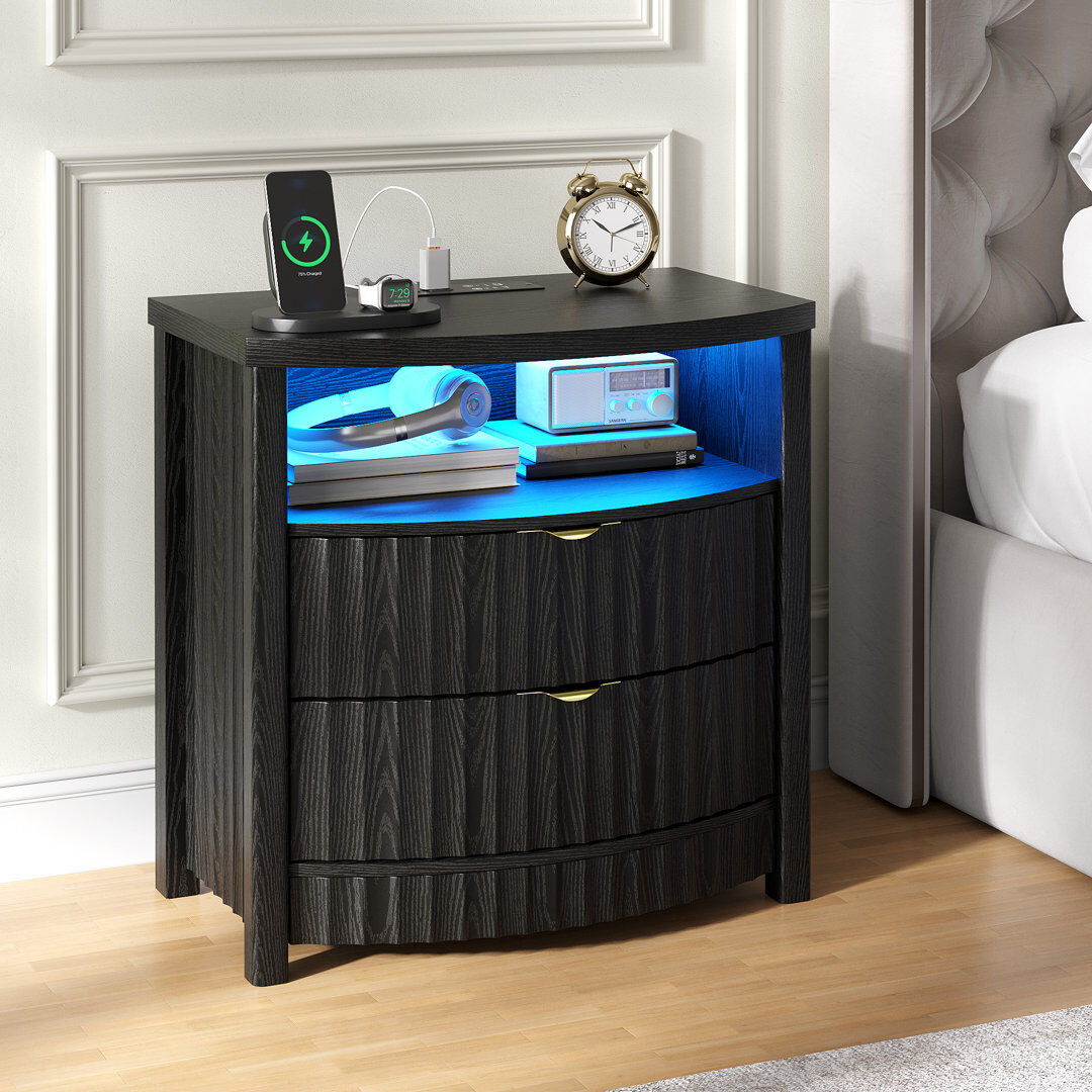 Metro Modern Bedside Tables With Human Sensor Light, Charging Station, Lockable Drawer Black 60cm H X 60cm W X 40cm D