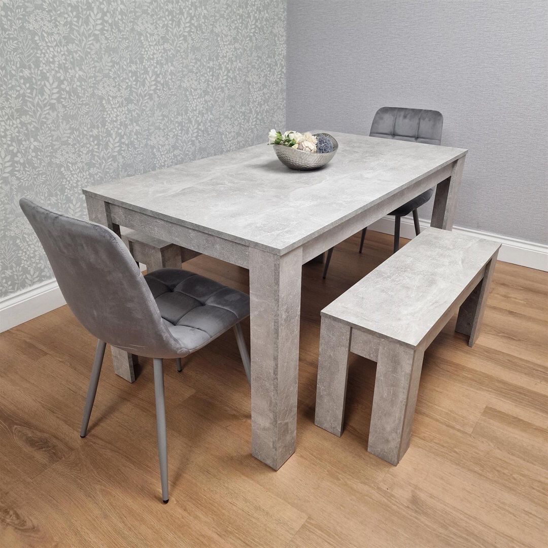 Fairmont Park Dining Table Set with 2 Velvet Chairs and 2 Benches, Stone Effect Wood Table, Modern Dining Room Furniture Grey 4