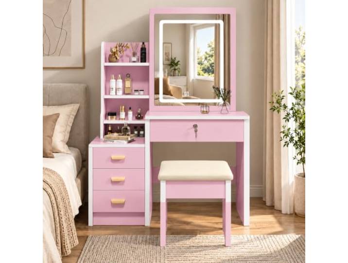 Schminktisch mit Spiegel und Hocker, Stauraum, Weiß, 85x34x130 cm (Rosa) Kosmetiktisch Set mit Schiebespiegel, Ablagen und Schubladen für ein ordentliches Schlafzimmer