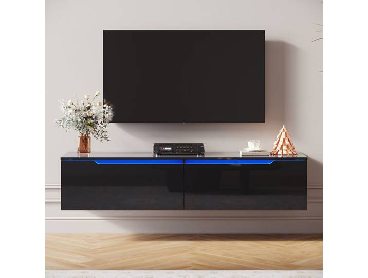 SIRHONA Meuble TV avec 2 portes Meuble TV mural complet avec LED bande lumineuse Noir H35xL140xP30cm