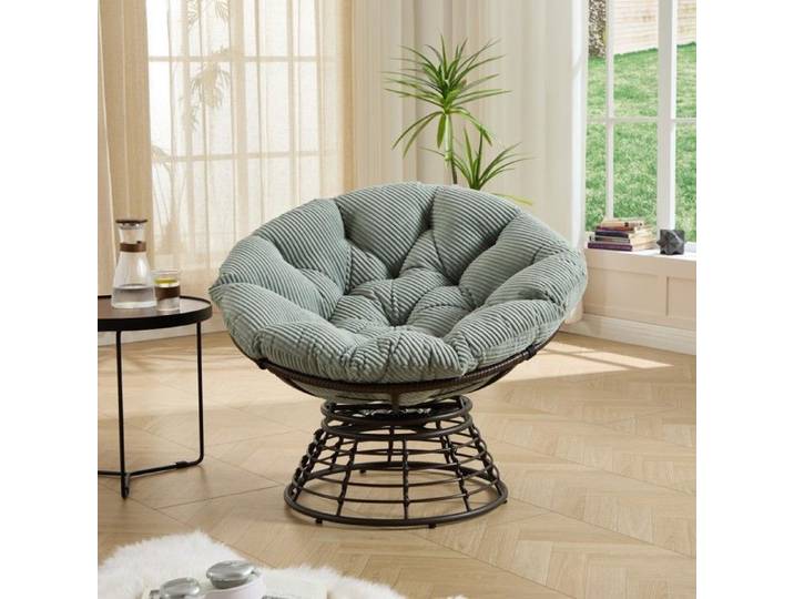 Fauteuil papasan osier pivotant 360° confort coussin velours vert clair intérieur extérieur salon chambre 92x92x67cm