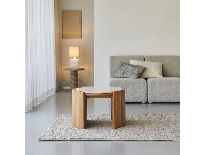 Runder Beistelltisch aus massivem Teakholz und Marmor - Natur - Teak