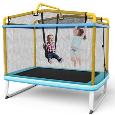 Costway 6 Feet Rectangle Trampoline with Swing Horizontal Bar and Safety Net-Yellow