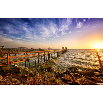 Fototapete PAPERMOON "HOLZ-BRÜCKE-TEXAS PIER STEG MEER SEE STRAND SONNE BUCHT", bunt, B:5m L:2,8m, Vlies, Tapeten