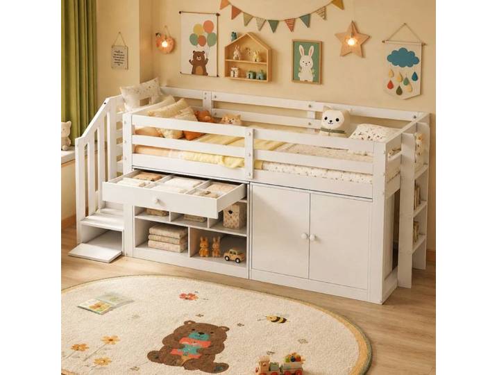 ROVRYN Lit combiné enfant 90 x 200 cm avec escalier rangements bureau coulissant blanc