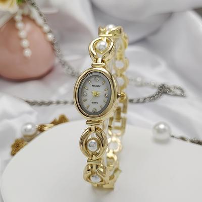 Fusion Finds Elegant Women's Bracelet Watch With Oval Quartz Dial & Pearl Style Bracelet gold White