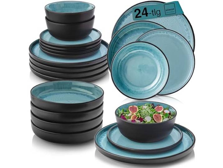 SÄNGER Granada Steingut Geschirrset 6 Personen, Teller Set 24-tlg Blau Handmade Geschirr Set: Tafelservice mit Tellern, Müslischalen & Pastateller, spülmaschinen- & mikrowellengeeignet, kratzfest