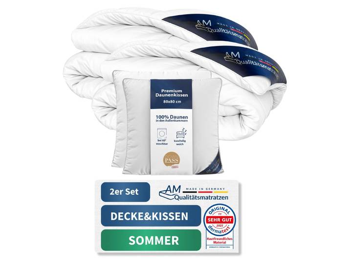Premium 2er Daunenset Kissen 80x80 cm & Sommerdecke 155x220 cm 100% Daunen Leicht & atmungsaktiv Downpass verifiziert