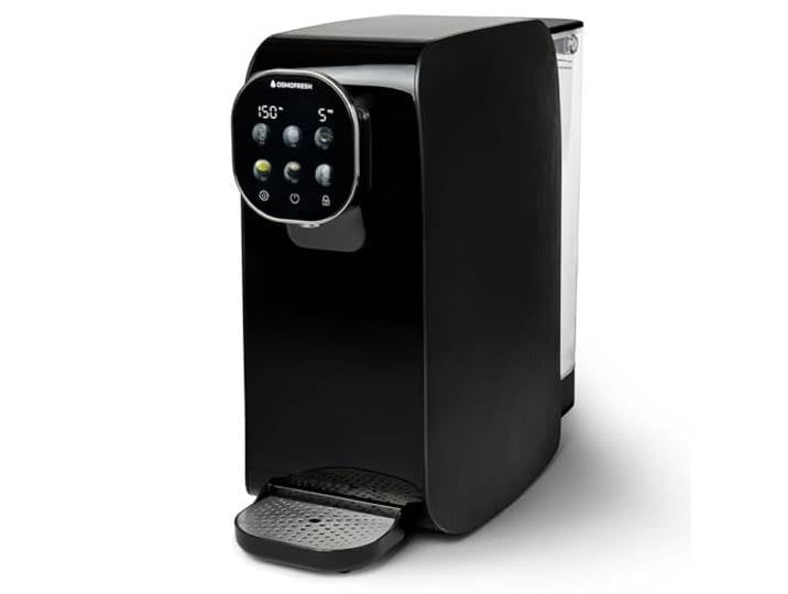 OsmoFresh Auftisch Osmoseanlage Quella Pro Black mit Heißwasserspender 6 Temperaturstufen 7-Fach Umkehrosmose Filterung Wasserfilter für Küche Büro Wohnmobil kalkfreies Trinkwasser UV