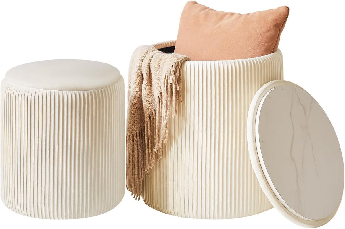 Set van 2 Wit Velvet Opberg Poefs met twee verschillende hoogtes