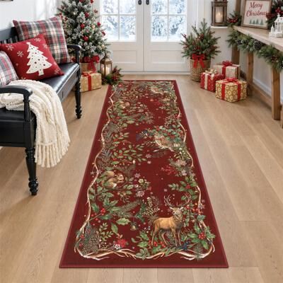 BLUEBELL Washable Christmas Woodland Animal Area Rug & Runner, Non-Slip Low-Pile Holiday Floor Mat