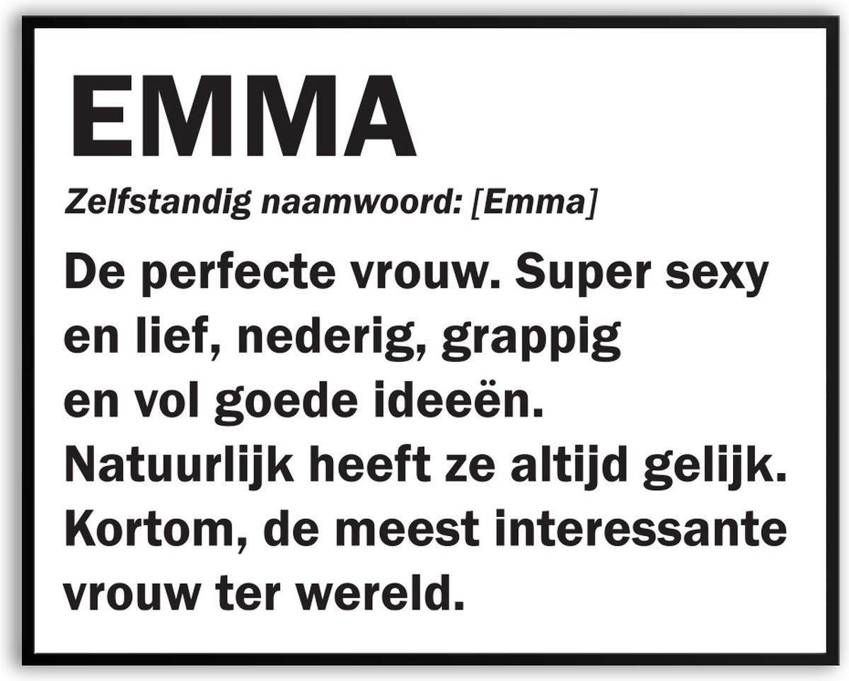 Emma Woordenboek Poster met Glas 50 x 70 cm - Grappige Verjaardag Typography Poster