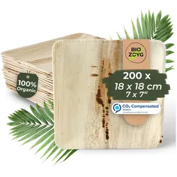 BIOZOYG 200 Stück Einwegteller 18x18cm Palmblatt-Teller, quadratisch, biologisch abbaubar, umweltfreundlich, kompostierbar, Wegwerfteller