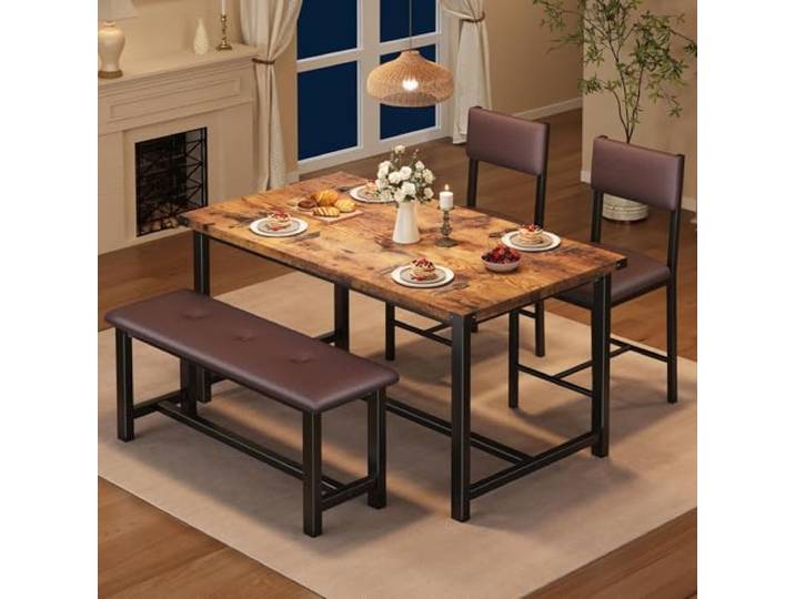 OPULENTHOME 4 Pcs Esstisch Set, Esstisch mit Gepolsterten 2 Stühlen und Bänken, Holz Tisch Stühlen Set für Küche, Wohnung, Robuste Rahmen, Retro,113x70x75cm