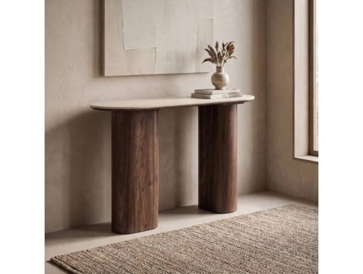 Konsolentisch Minamata 120 x 40 cm Travertin-Optik von ebuy24 Keramikplatte in Travertin-Optik, Walnuss-Dekor-Unterbau, abgerundete Platte, zwei geriffelte Säulenfüße, Höhe 78 cm