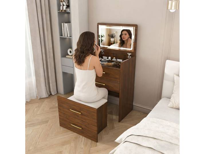 Coiffeuse compacte 3 en 1 AESVAR avec miroir relevable plateau en verre transparent 60 x 40 x 118 cm noyer