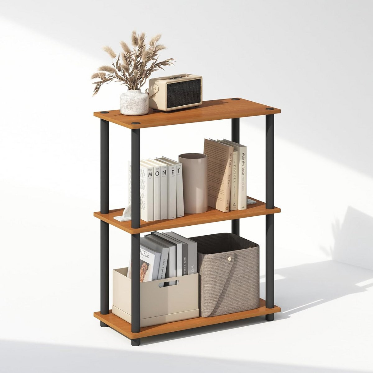 Multifunctioneel Compact Displayrek voor Boeken en Decoratie - 3-laags Design in Licht Kersen