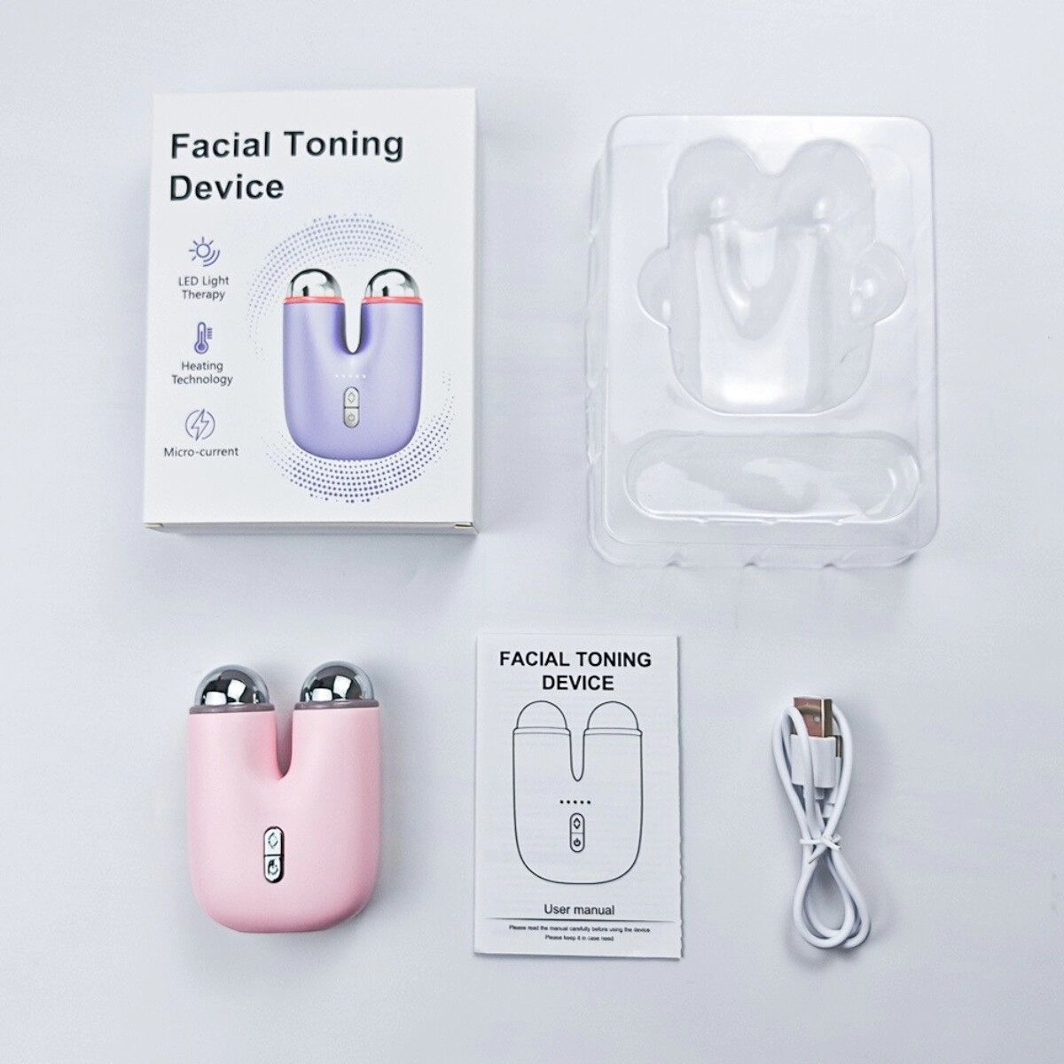 INF 3-in-1 EMS-Gesichts- und Nackenmassager mit Wärme, LED-Licht und Rollen mit zwei Metallkontakten Rosa
