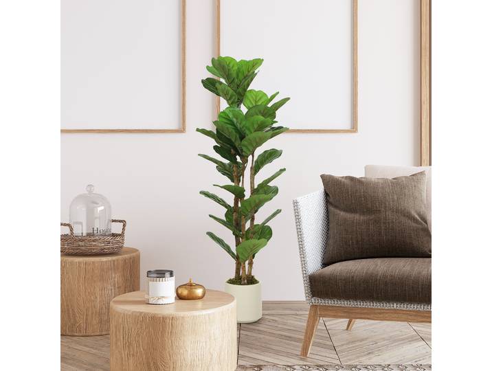 HOMCOM Figuier Lyre Artificiel 120cm avec Pot et Tronc Bois
