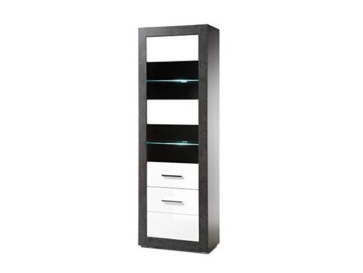 Vitrine Tolero, Dark Concret/weiß Hochglanz, 65 x 198 x 35 cm, Wohnzimmer, Schrank, Wohnzimmerschrank, Wohnzimmervitrine, Möbel Ausführung ohne Beleuchtung