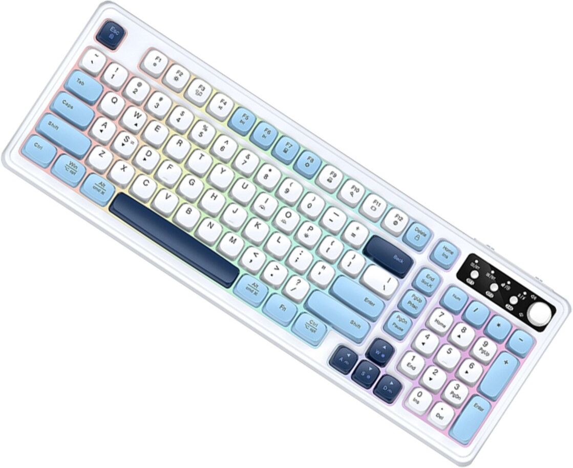 INF 99-Tasten Tri-Modus mechanische Tastatur – wasserfestes gefrostetes RGB-Backlight, Multimedia-Lautstärkeregler, abnehmbares