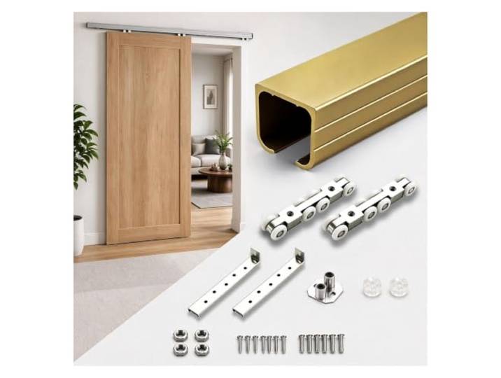 Leises Schiebetürbeschlag Set Schrank DIY Tür Ersatz 100–300 cm rostfreie Aluminium-Gleitschiene mit Bodenführung Rollen, Silber/Schwarz/Gold