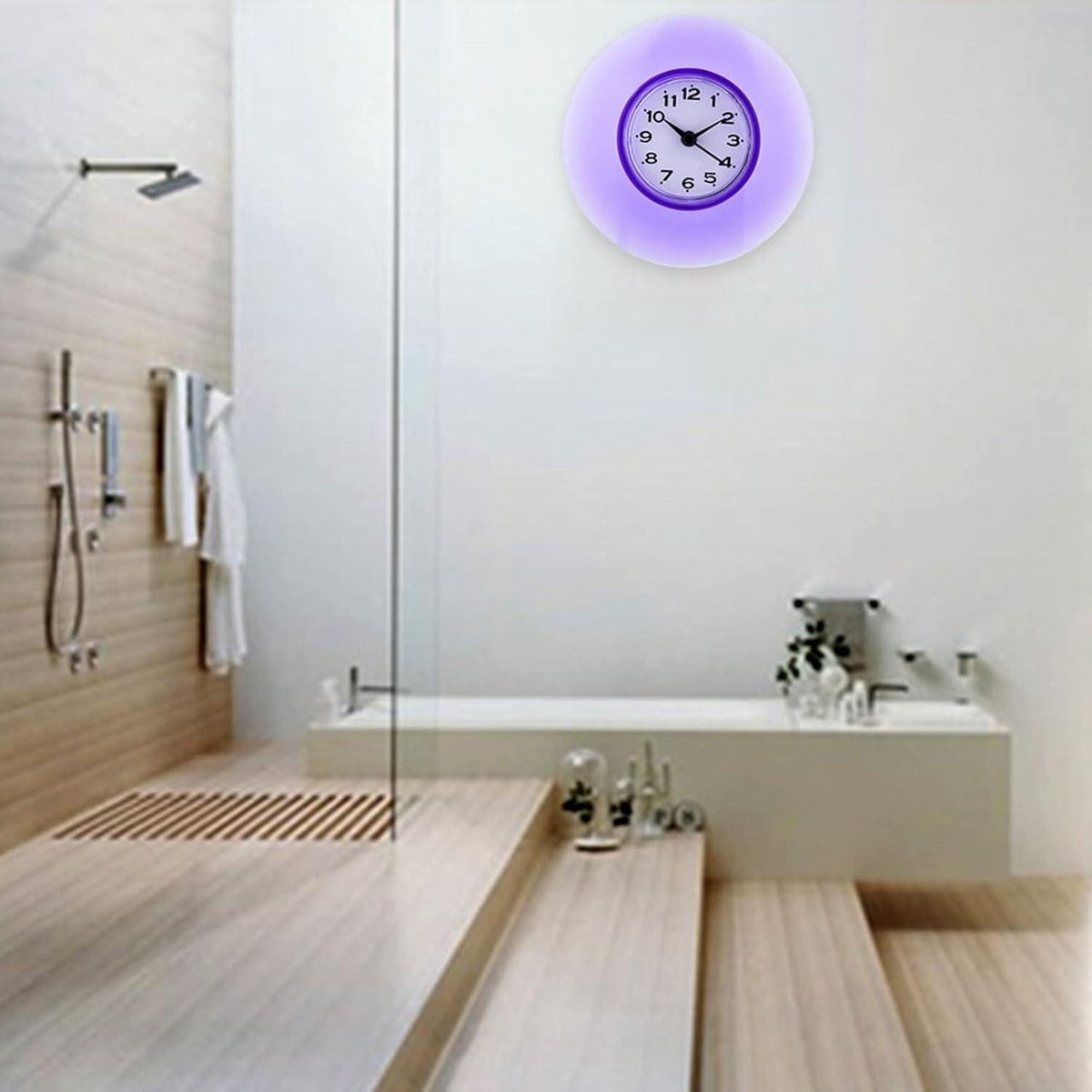 Green Glow Mini wandklok met zuignap voor badkamer - Waterdicht - Paars