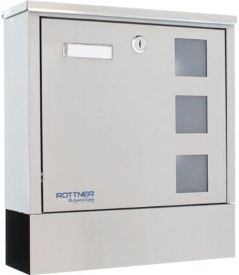 Rottner Briefkasten Lago Inox – Edelstahl, langlebig, mit Sichtfenstern und Zeitungsrolle