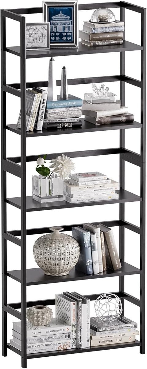 Ladder Boekenkast met 5 Verstelbare Planken in Bamboe en Hout, Zwart