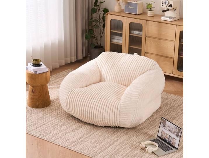 Pouf fauteuil - LEMONBEST - Pouf fauteuil géant 1 place - Velours côtelé beige - Mousse haute densité - Livré monté