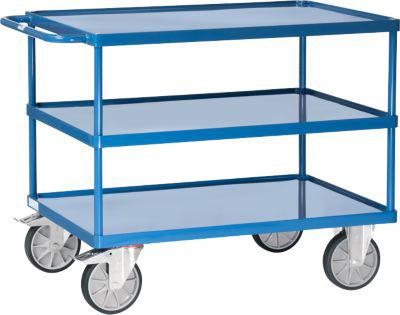 Tischwagen Fetra 2423W, bis 600 kg, 3 Etagen mit Wannen, Ladefläche L 1200 x B 800 mm, TPE-Bereifung, Schiebegriff, Stahl, brillantblau