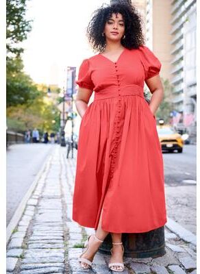 Plus Size Women's Button Front Midi Dress by Avenue in Multi Playful Garden (Size 14)