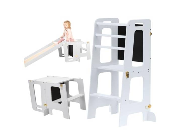 Montessori Lernturm für Kinder Klappbarer Küchenhelfer mit Rutsche & Tafel Stehturm ab 1 Jahr (Hellgrau, Mit Rutsche)