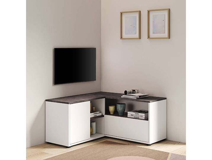 TV-Lowboard Angle 90 Spanplatte, beschichtet Weiß/Weiß/Beton Dekor 90 x 45 x 90cm