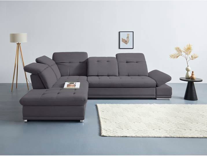 Ecksofa COTTA Holiday, Chenille, Grau Stone, 310×265 cm, Mit Bettfunktion & Verstellungen, Modern
