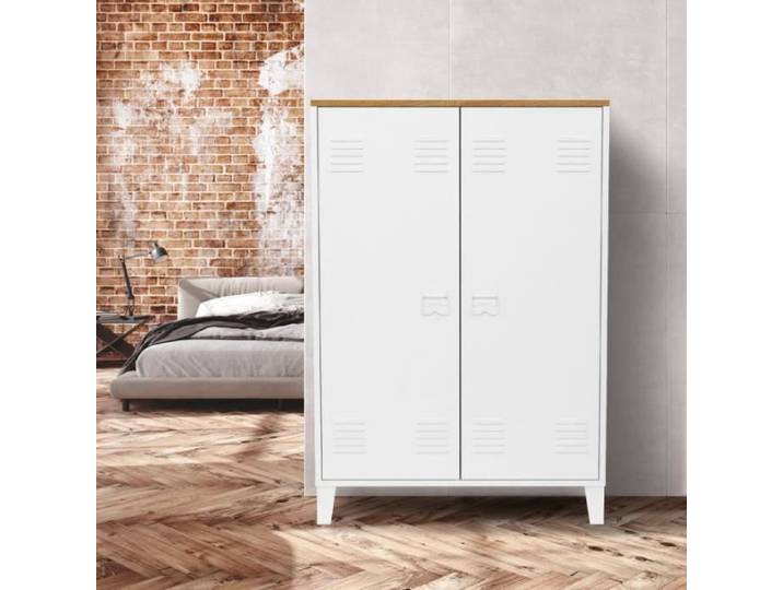 IDMARKET Armoire basse ESTER 2 portes métal blanc et plateau bois design industriel
