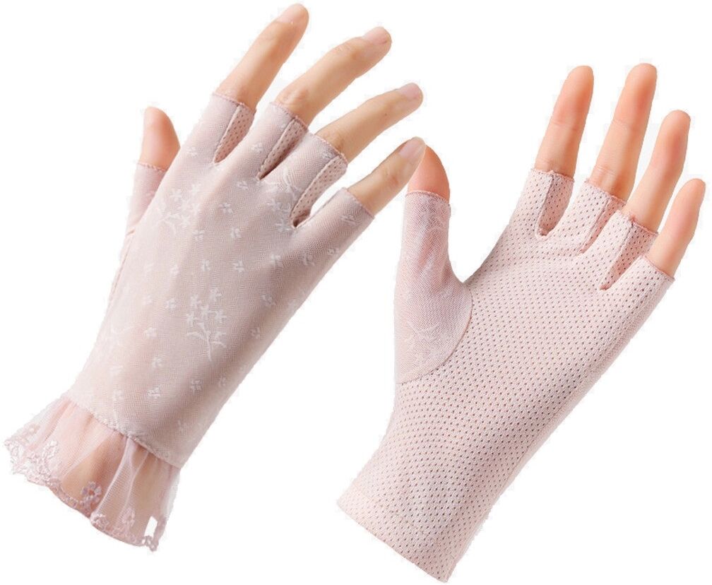 INF Halbfinger-Spitzenhandschuhe – Atmungsaktive Spitze, Hoher UV-Schutz, Elastische Bequeme Passform Hellrosa