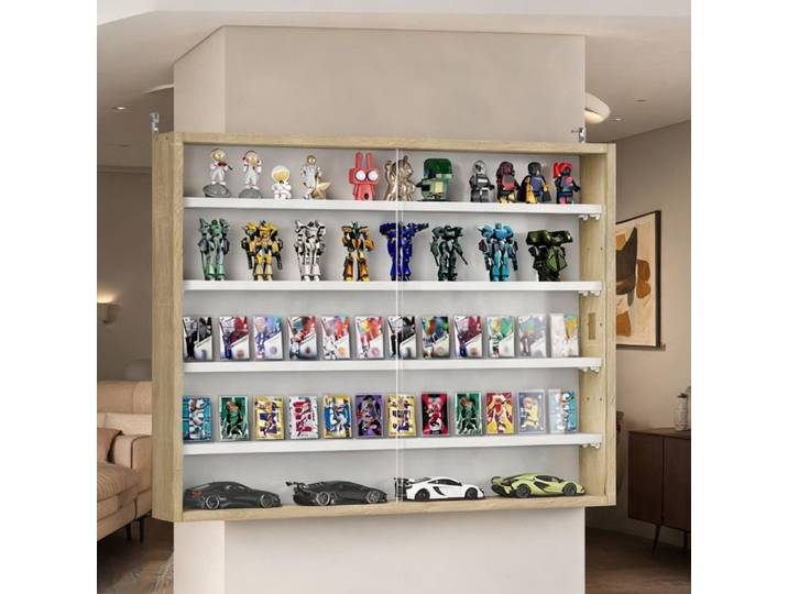 Vitrine murale de rangement pour objets de collection en panneau de particules 4 étagères réglables portes coulissantes en