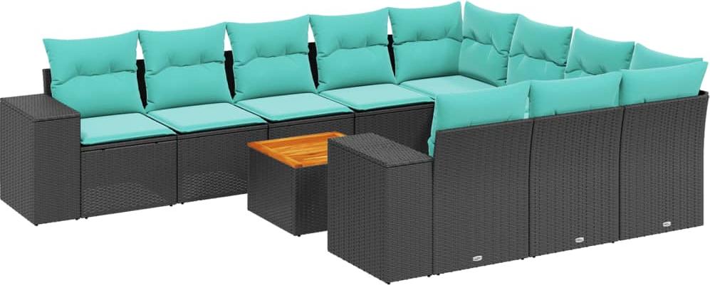 11-teiliges Gartensofa-Set mit Kissen, schwarzes Polyrattan