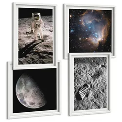 BILDER SET 4er Set - 50x50 cm & 40x60 cm Weißer Rahmen - Astronautenfoto vom Mond