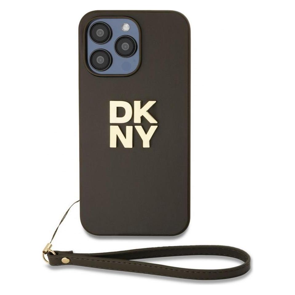 DKNY PU Leather Stack Logo Wrist Strap Case for iPhone 15 Pro Brown (Apple iPhone 15 Pro) (DKHCP15LPBSWSA)
