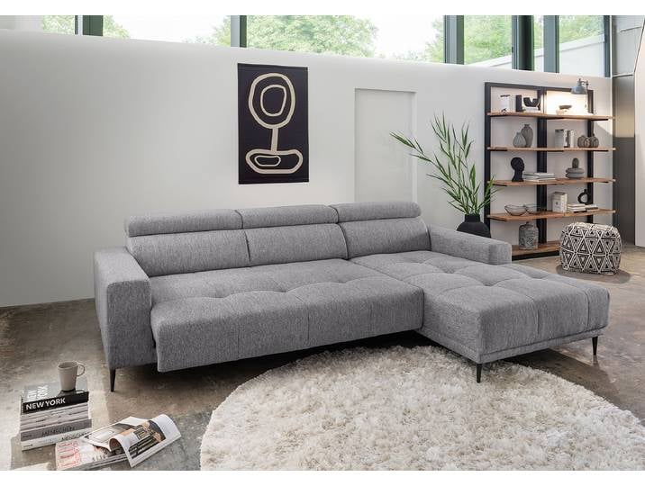 Ecksofa mit Sitztiefenverstellung Grau Webstoff Jimin 276 x 95 x 188cm Longchair davorstehend rechts Modern