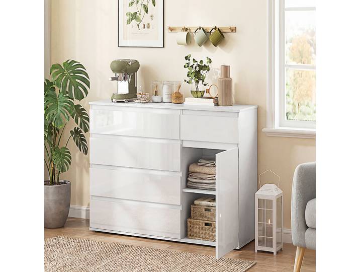 HOMCOM Buffet 5 Tiroirs Étagères Réglables Blanc Brillant 100x80 cm