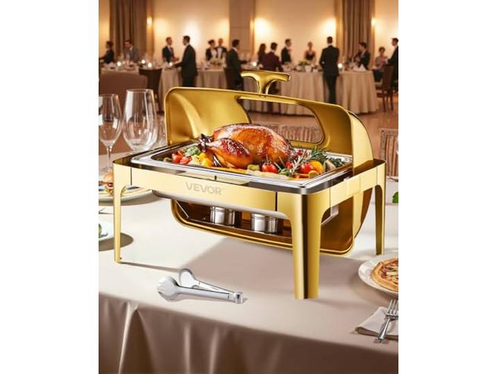 VEVOR Chauffe-Plat Rectangulaire 8\,5 L\, Buffet Chauffant avec Couvercle Rabattable Visible\, Réchaud en INOX avec Bac Pleine Taille\, pour Buffet Libre-Service Hôtel Traiteur Restauration\, Doré