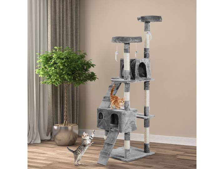 PawHut Arbre à chat griffoir grattoir double niche peluche sisal naturel hauteur 170 cm gris